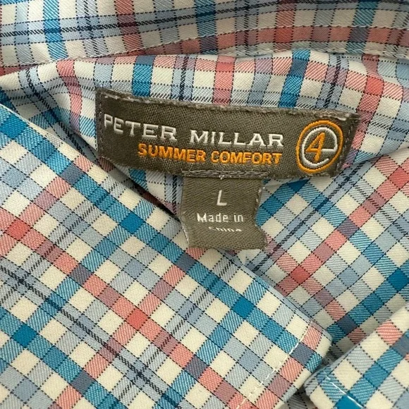 Peter Millar Mens Large Summer Comfort Shirt Long Sleeve Stretch Blue Pink Plaid - Picture 7 of 9
